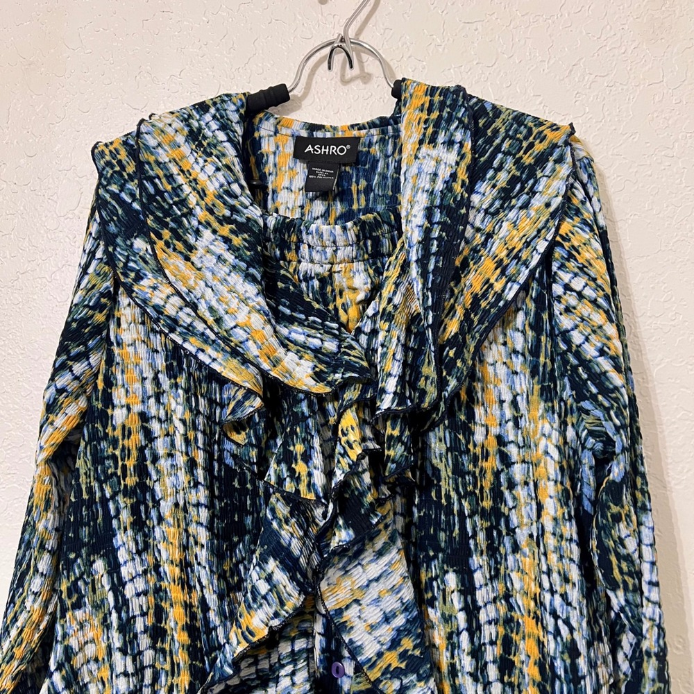 Ashro Womens XL 2 Piece Skirt Set Blue Yellow Abstract Ruffle Top Midi Skirt - Picture 3 of 11